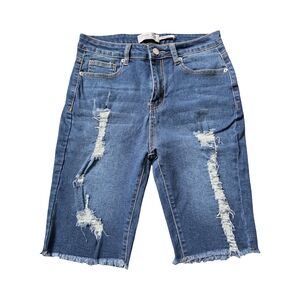 High-Rise Distressed Blue Denim Bermuda Shorts